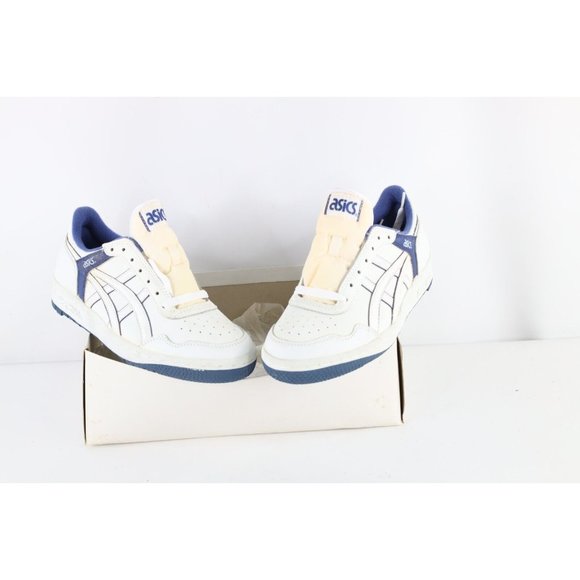 NOS Vintage 90s Asics Mens 8.5 Spell Out Outrage Lo Sneakers Shoes White Blue